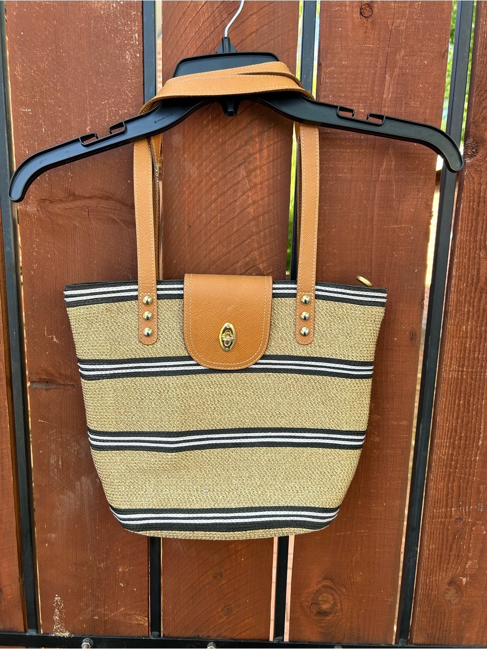 Eric Javitis Tote Bag in Squishee Tan stripe Straw with leather Trim